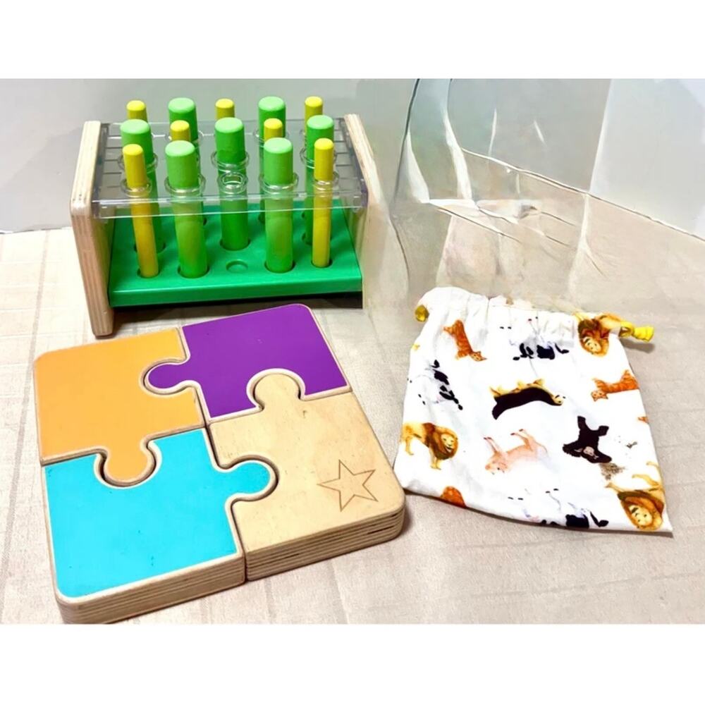 Lovevery Chunky Wooden Puzzle; posting stand; posts developmental guide included